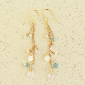 maansteen, aquamarijn en rozenkwarts oorhangers gold plated 925 zilver - BLYTHE