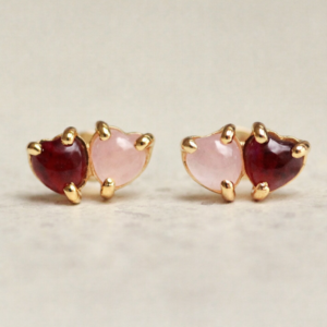 Granaat en rozenkwarts oorknoppen 925 zilver goldplated - CERVANA